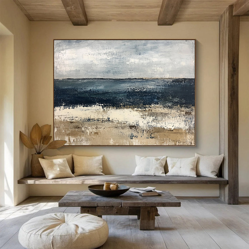“Abstract Coastal Landscape” - Blue, Gray, Beige with Textured Layers - Painting On Canvas HB1392