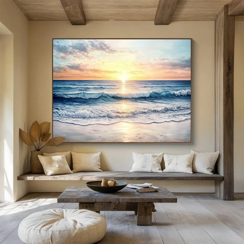 “Sunset Ocean Waves” - Orange, Pink, Blue, Realistic Seaside Oil On Canvas HB0700