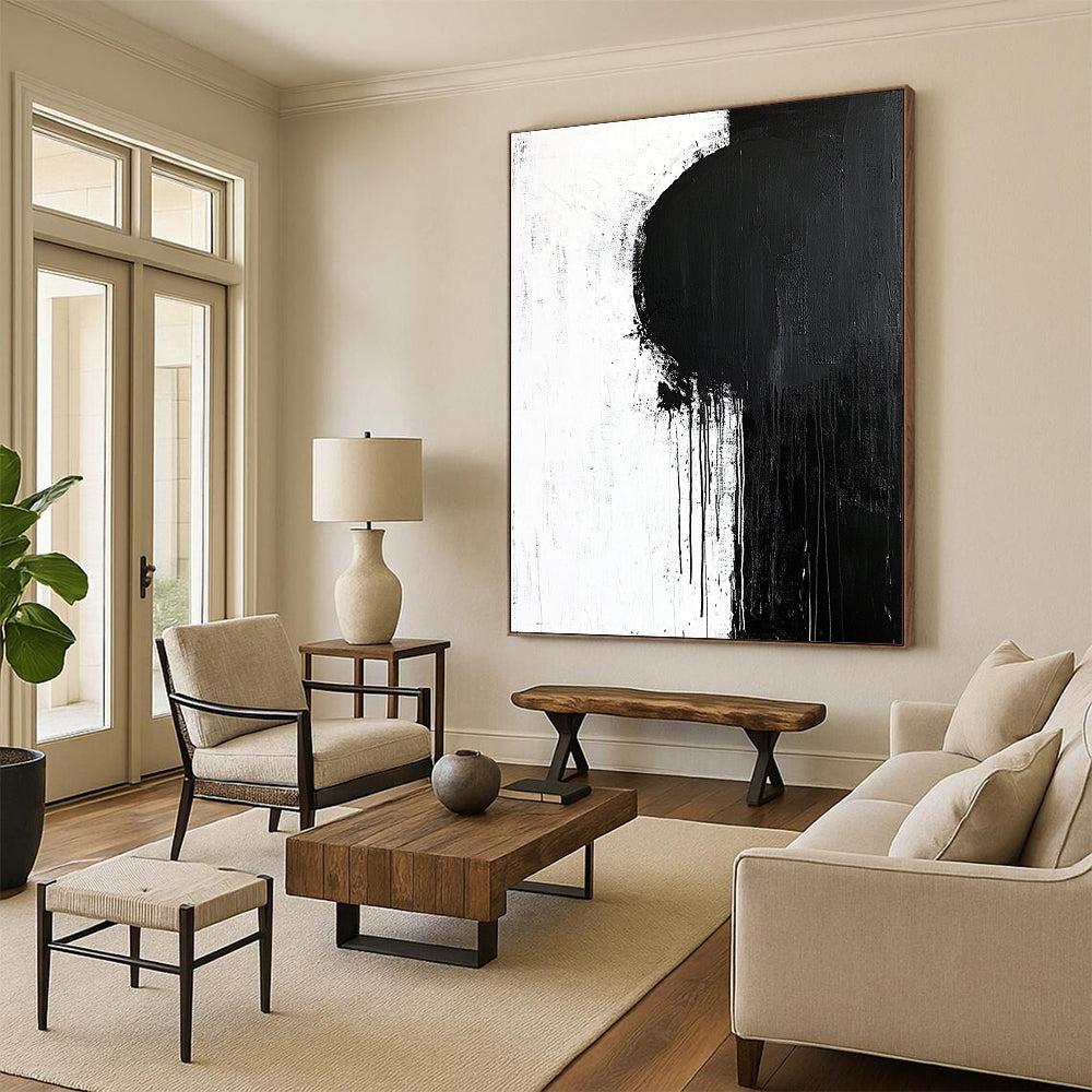 Contemporary hand-painted abstract art featuring bold brush strokes, minimalistic design, dynamic shapes, and unique paint drips on a textured canvas backdrop. DLZ0300