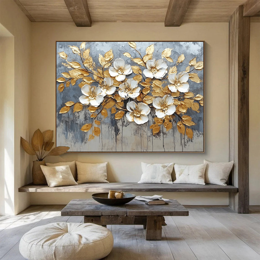 “Golden - Leafed White Flowers” - Gray background, gold leaves, white flowers, Textured Floral Painting On Canvas HB0586