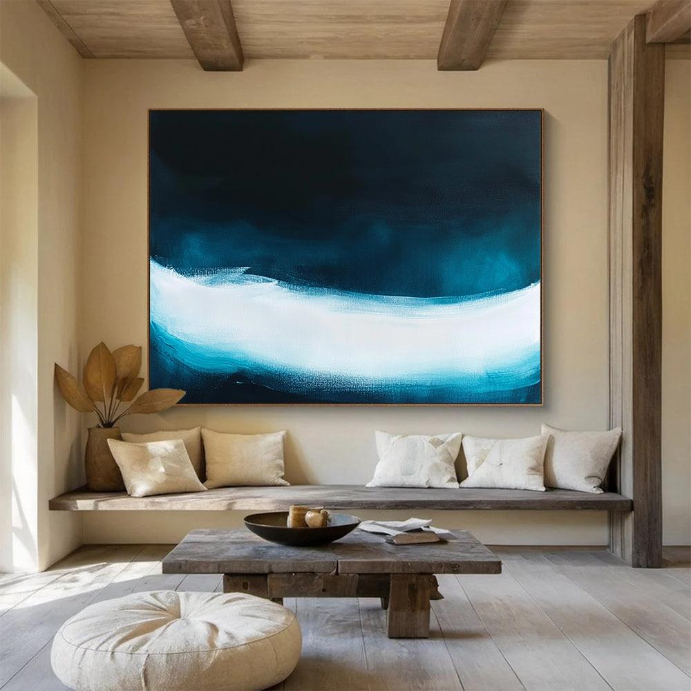 “Dark Blue with Light Blue - White Wave” - Minimalist Abstract Painting On Canvas HB0508