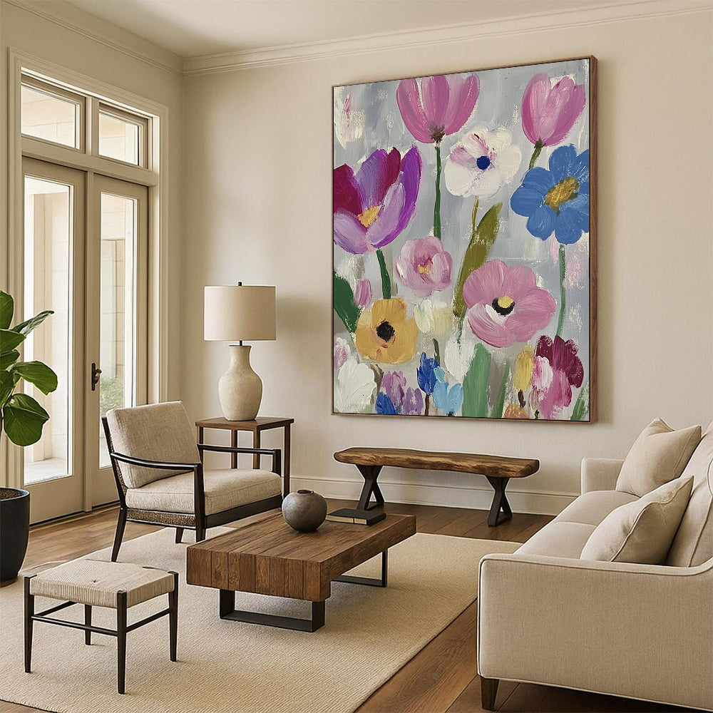 Large contemporary abstract painting featuring vibrant daisies and tulips in pink purple blue green and yellow against a soft gray backdrop with visible brush strokes. DLZ1262