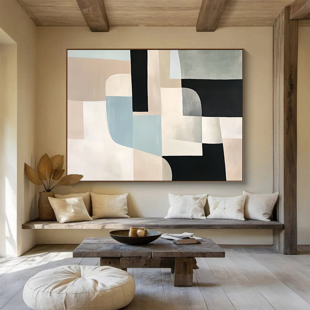 “Neutral Geometric Abstract” - Beige, Black, Blue, Gray, Geometric Forms - Painting On Canvas HB1425