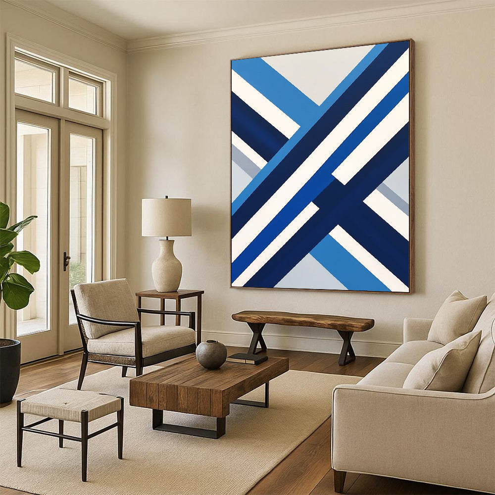Contemporary abstract art featuring a blue and white Swedish flag in a flat view, inspired by David Hockney's style. DLZ1152