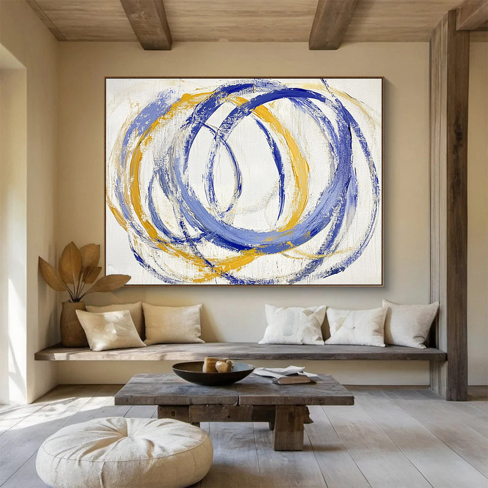 “Blue - Yellow Circular Rhythms” - Blue, Yellow, Circular Strokes Painting On Canvas HB0766
