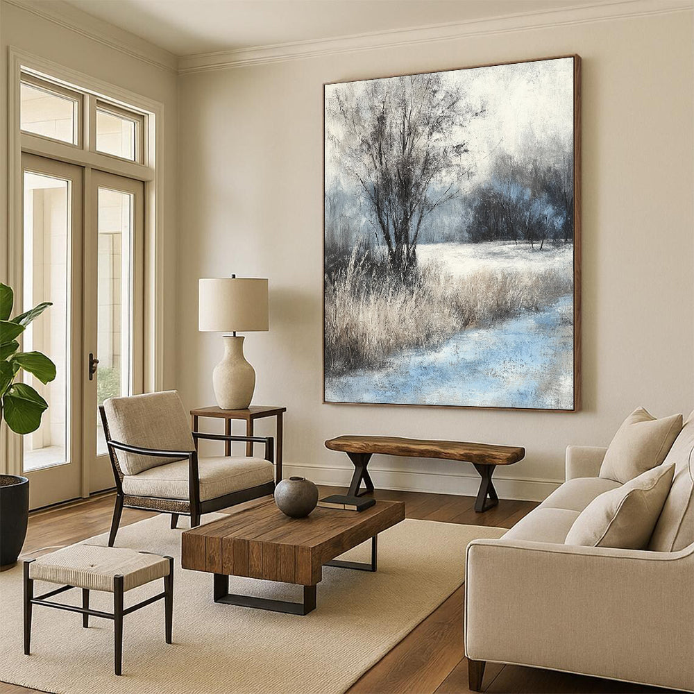 Contemporary hand-painted abstract artwork captures serene winter landscape with soft pastel colors and textured brushstrokes for a tranquil ambiance. DLZ1524