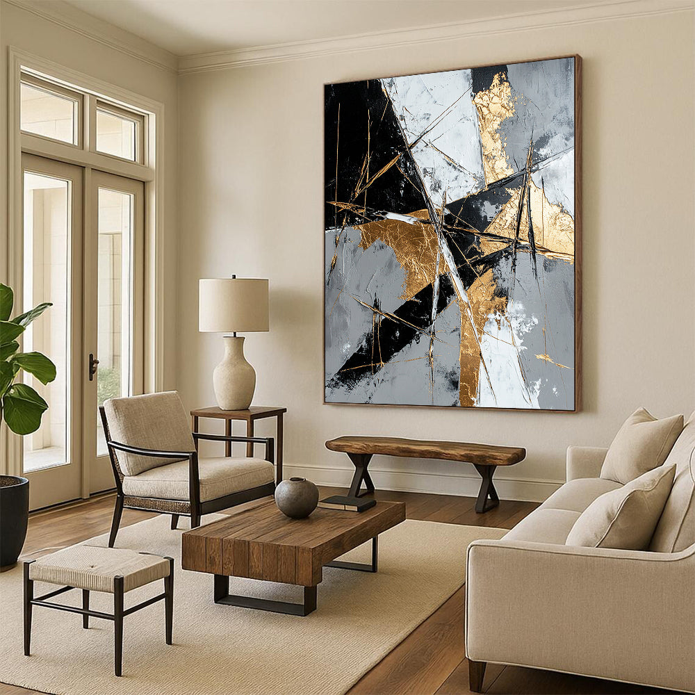 Gray, Black, White, Gold, Geometric Shards "Golden Fragment" Abstract Modernist Painting On Canvas HB073