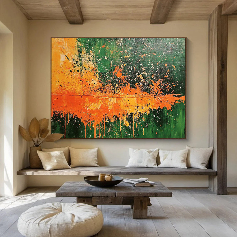 “Explosive Green and Orange” - Bright Greens, Oranges, and Whites, Energetic Splatter - Style Abstract Painting On Canvas HB0911