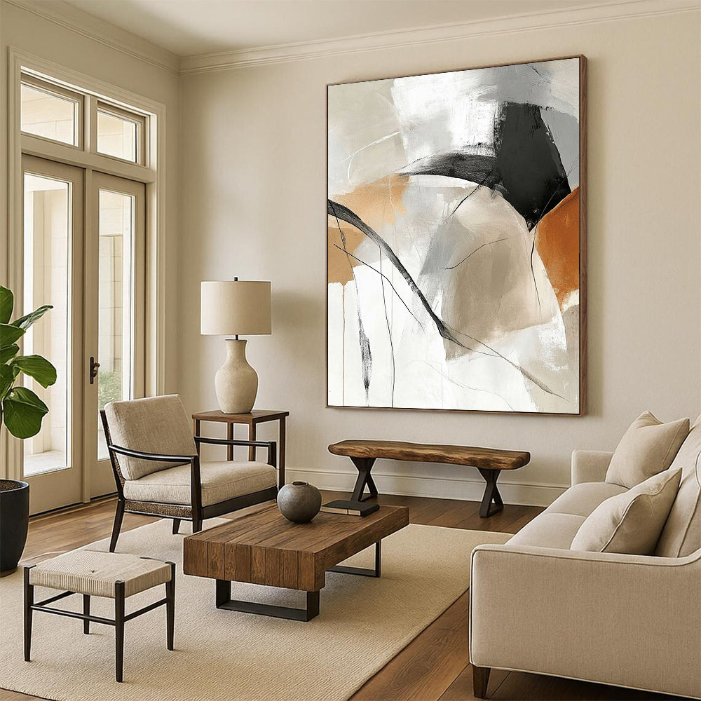 Contemporary hand-painted abstract art featuring beige and white tones with black lines beautiful curves and intertwined gray shades large blank spaces for customization. DLZ0292