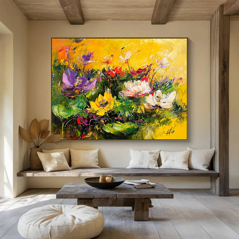 “Vibrant Colorful Lotus Pond” - Vivid Palette, Expressive Lotus Flowers Painting On Canvas HB0877