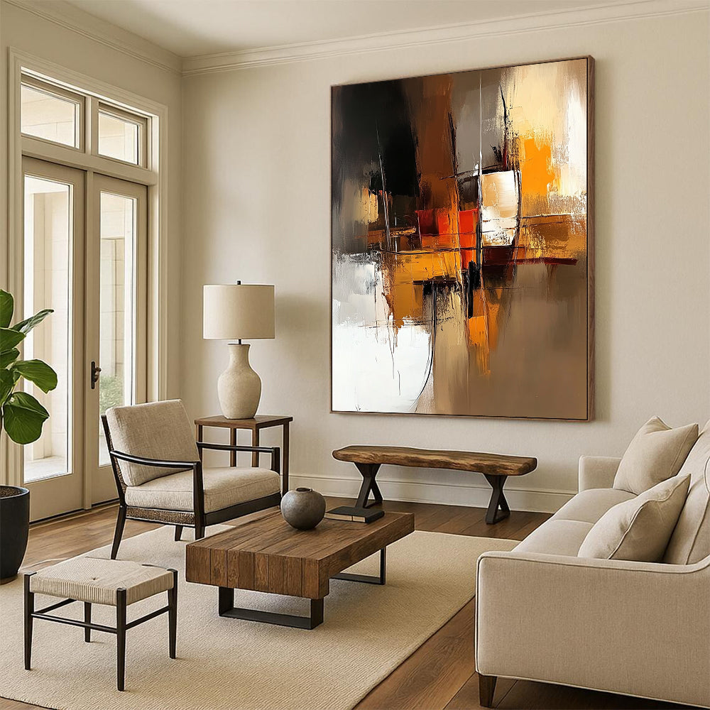 Contemporary abstract art features a warm brown and amber palette with smooth brush strokes and a minimalistic composition highlighted by a dynamic golden ratio design. DLZ0954