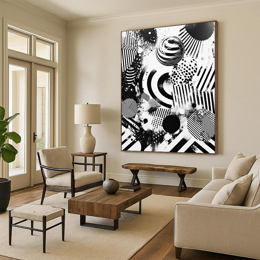 Black and White Mixed Shapes "Chaotic Unity" Painting On Canvas HB270