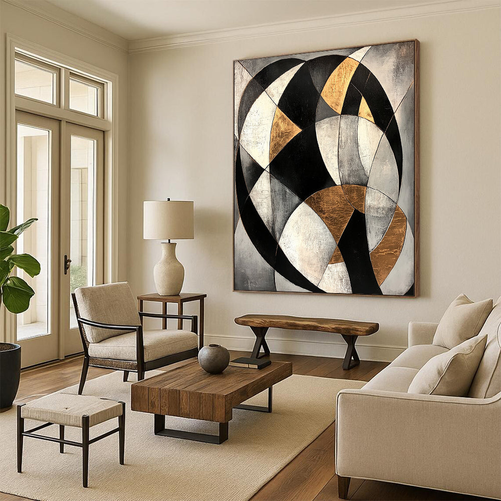 Gray, Black, White, Gold, Curved Geometry "Celestial Arc" Abstract Cosmic - Inspired Painting On Canvas HB079
