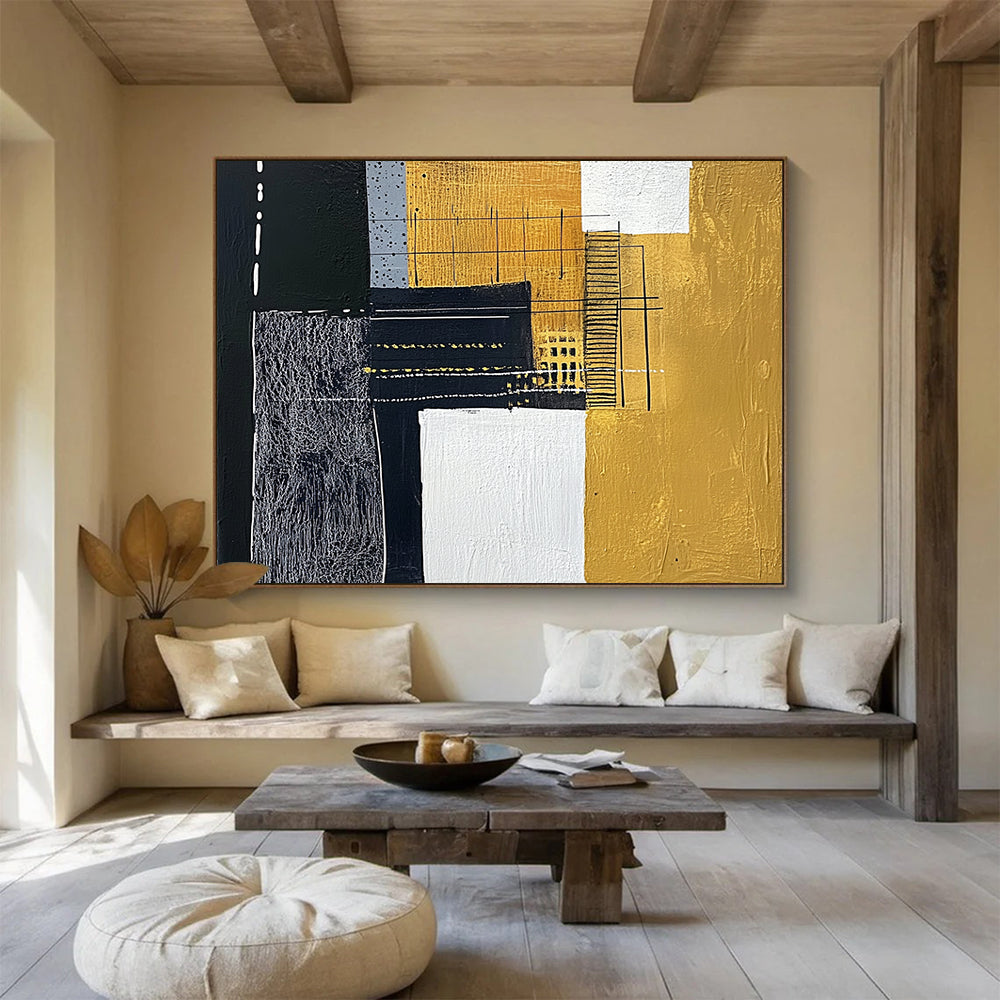 “Black Gold White Geometric Mix” - Black, gold, white, gray; Geometric abstract with mixed textures HB1292
