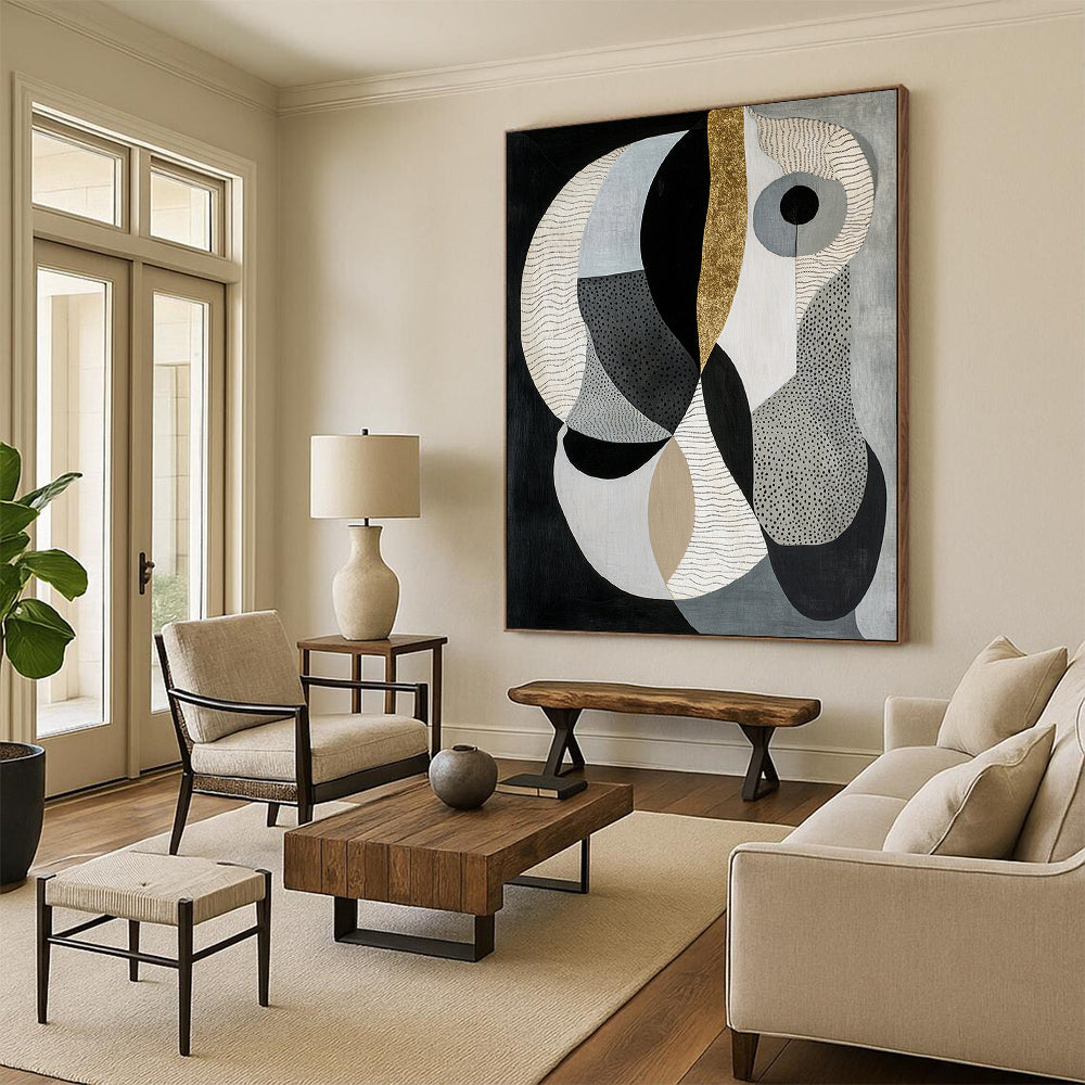 Black, Gray, Beige & Gold Geometric Shapes - “Gilded Modern Geometry” Painting On Canvas HB211