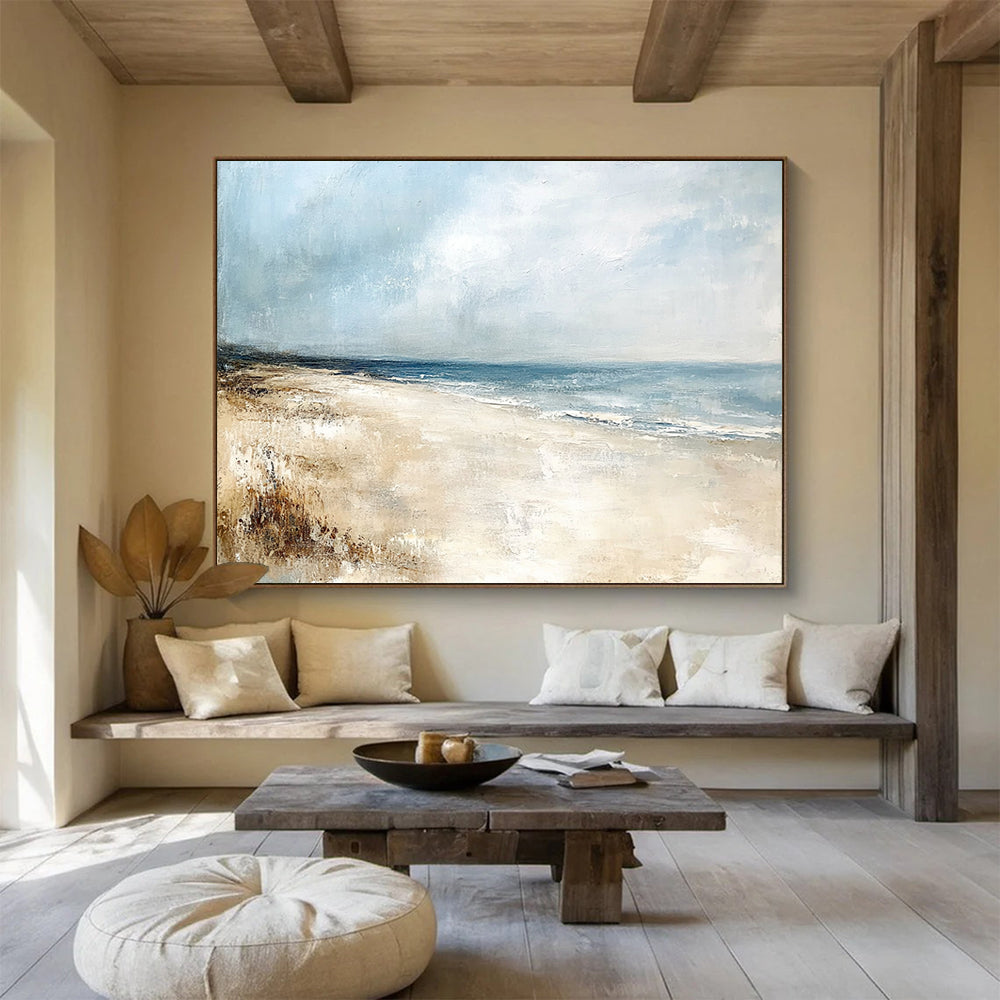 “Serene Beachscape” - Blue, Beige, Gray, Realistic - Style Abstract Beach Painting On Canvas HB1072