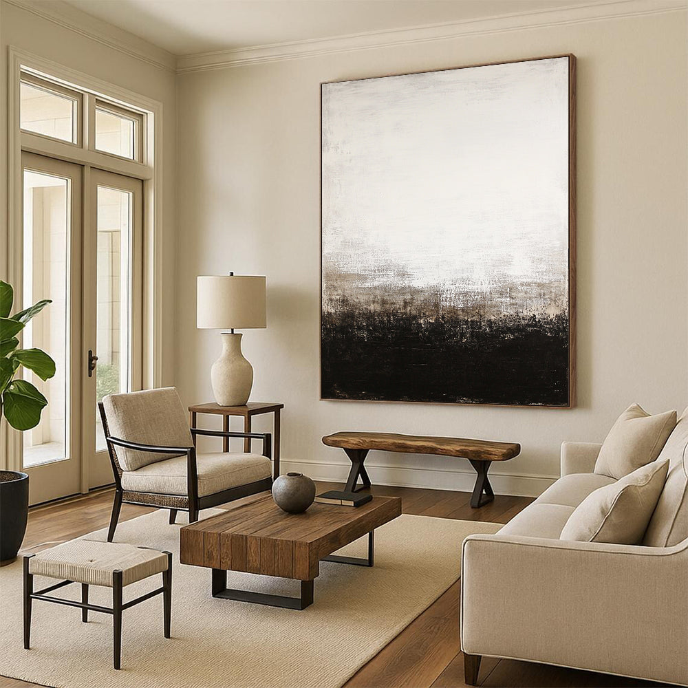 Large contemporary abstract painting features a black and white color scheme with a white-to-beige gradient and dark brown base evocative of Whistler and Rothko. DLZ0544