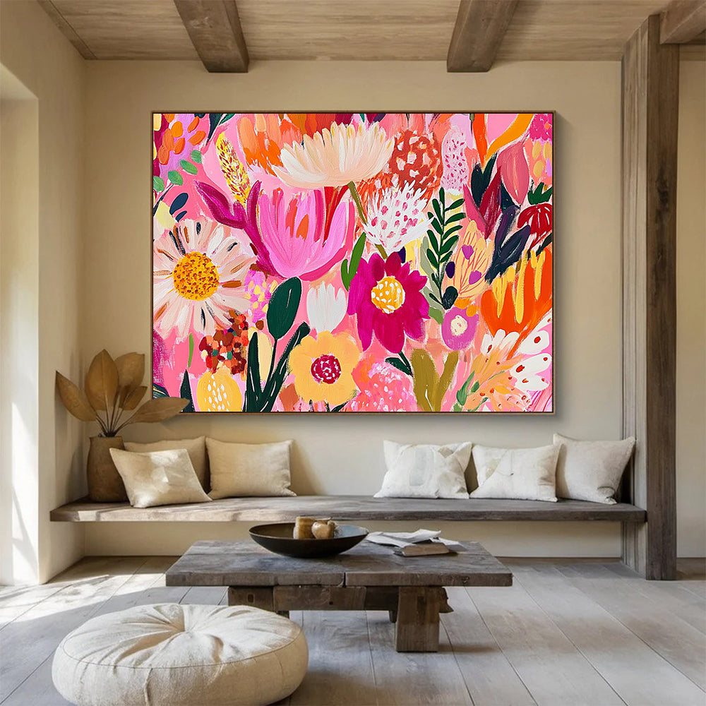 “Pink - Hued Floral Carnival” - Bright Pinks, Oranges, Yellows, Playful Flower Explosion - Contemporary Acrylic Painting HB1725