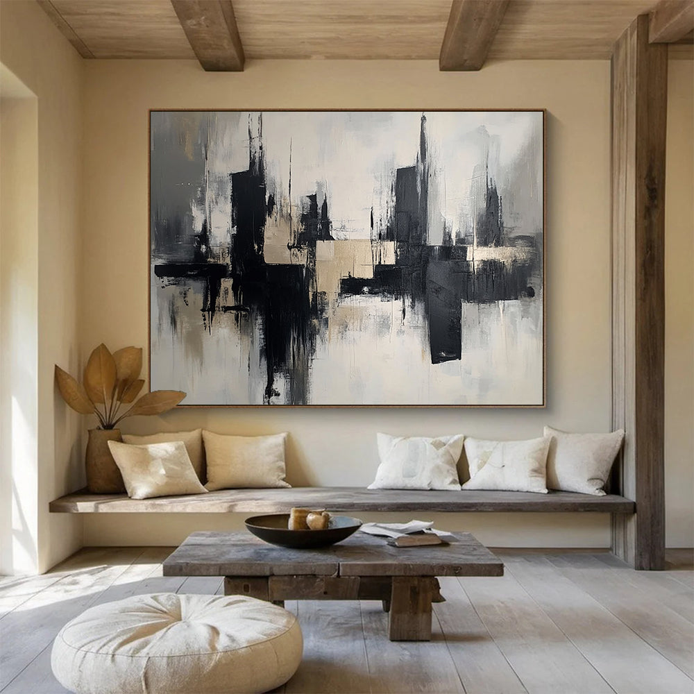 “Monochrome Cityscape Reflection” - Black, Gray, Beige, Abstract Urban Reflections - Abstract Acrylic Painting HB1672