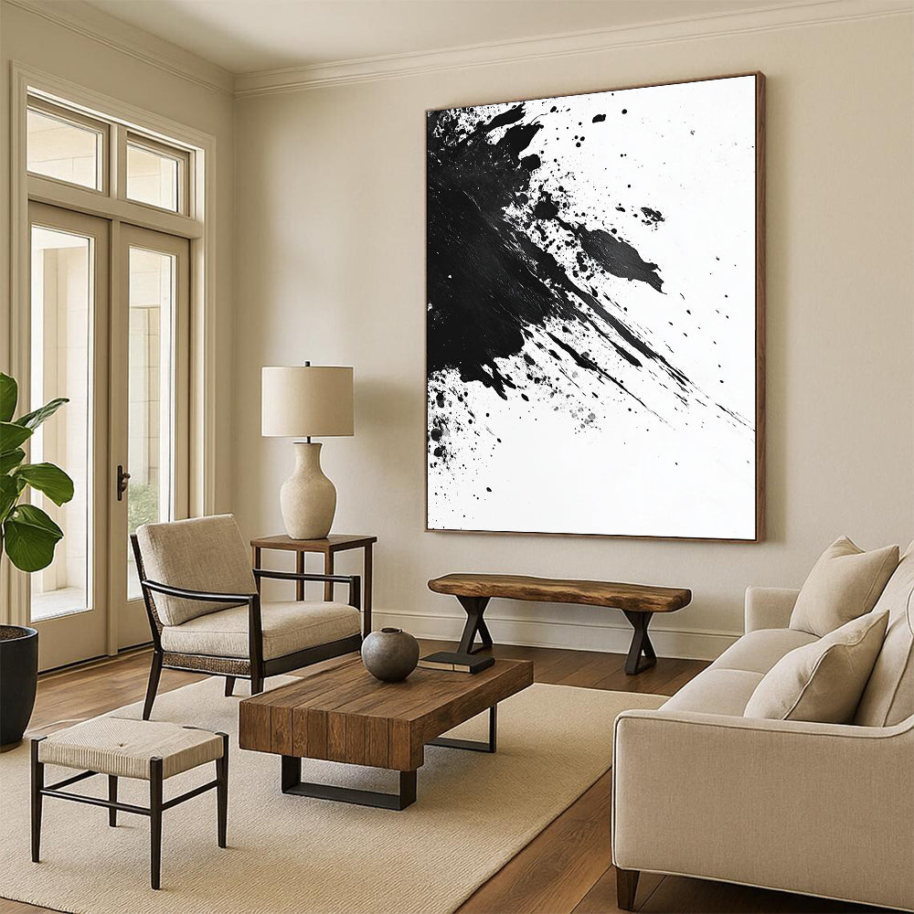 Black and White Energetic Splatter "Dynamic Impact" Painting On Canvas HB300