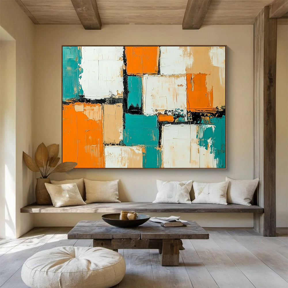 “Colorful Geometric Abstract” - Orange, Teal, Beige, Geometric Abstract Painting On Canvas HB0784