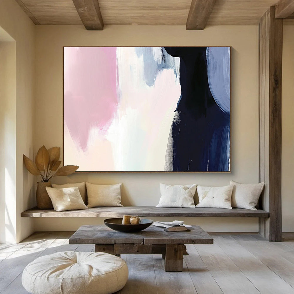 Soft Pink and Blue with Dark Silhouette - Minimalist Abstract Painting On Canvas HB0499