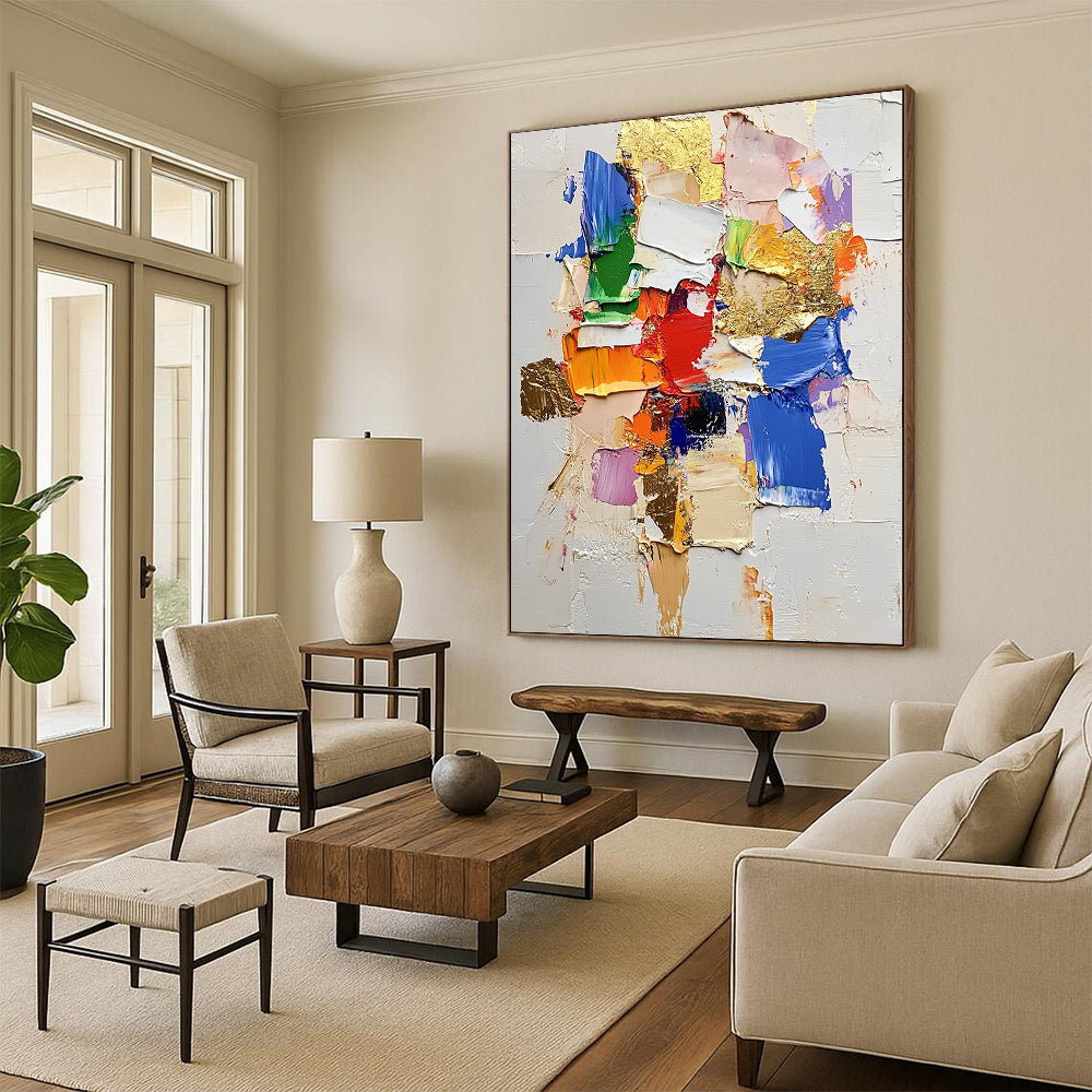 Contemporary hand-painted abstract art featuring textured thick paint vibrant color blocks and elegant gold foil accents on a white background. DLZ0682