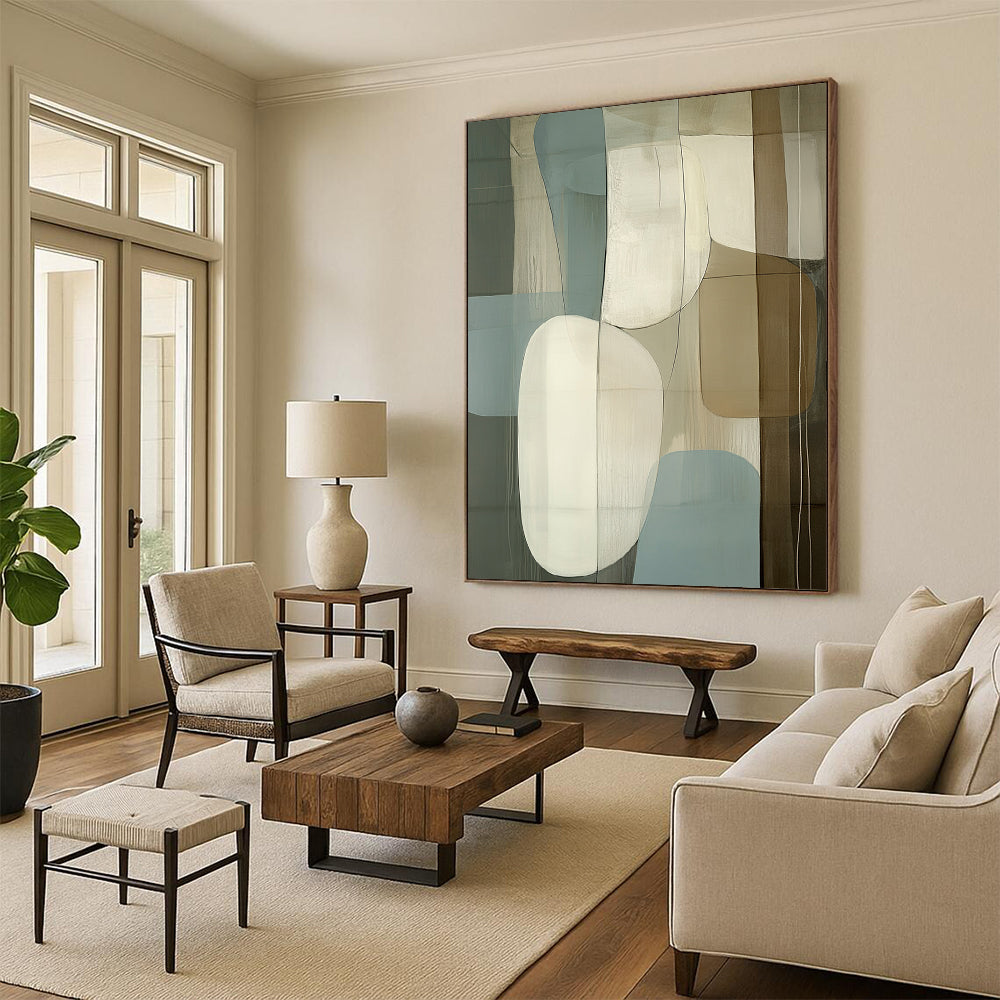 Large contemporary hand-painted abstract artwork featuring light blue beige and white shapes on a dark gray background with striking depth. DLZ1299
