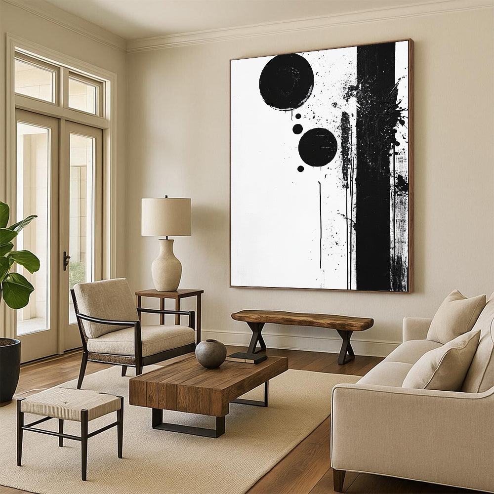 Black Circles, Dots & Splatter - “Dynamic Ink Spots” Painting On Canvas HB236