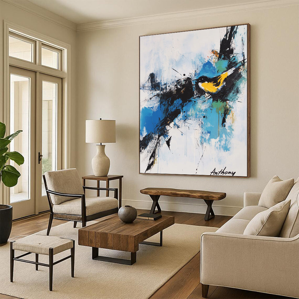 Contemporary hand-painted abstract artwork featuring expressive calligraphy and vibrant splashes of color including a yellow bird against a white background. DLZ0358