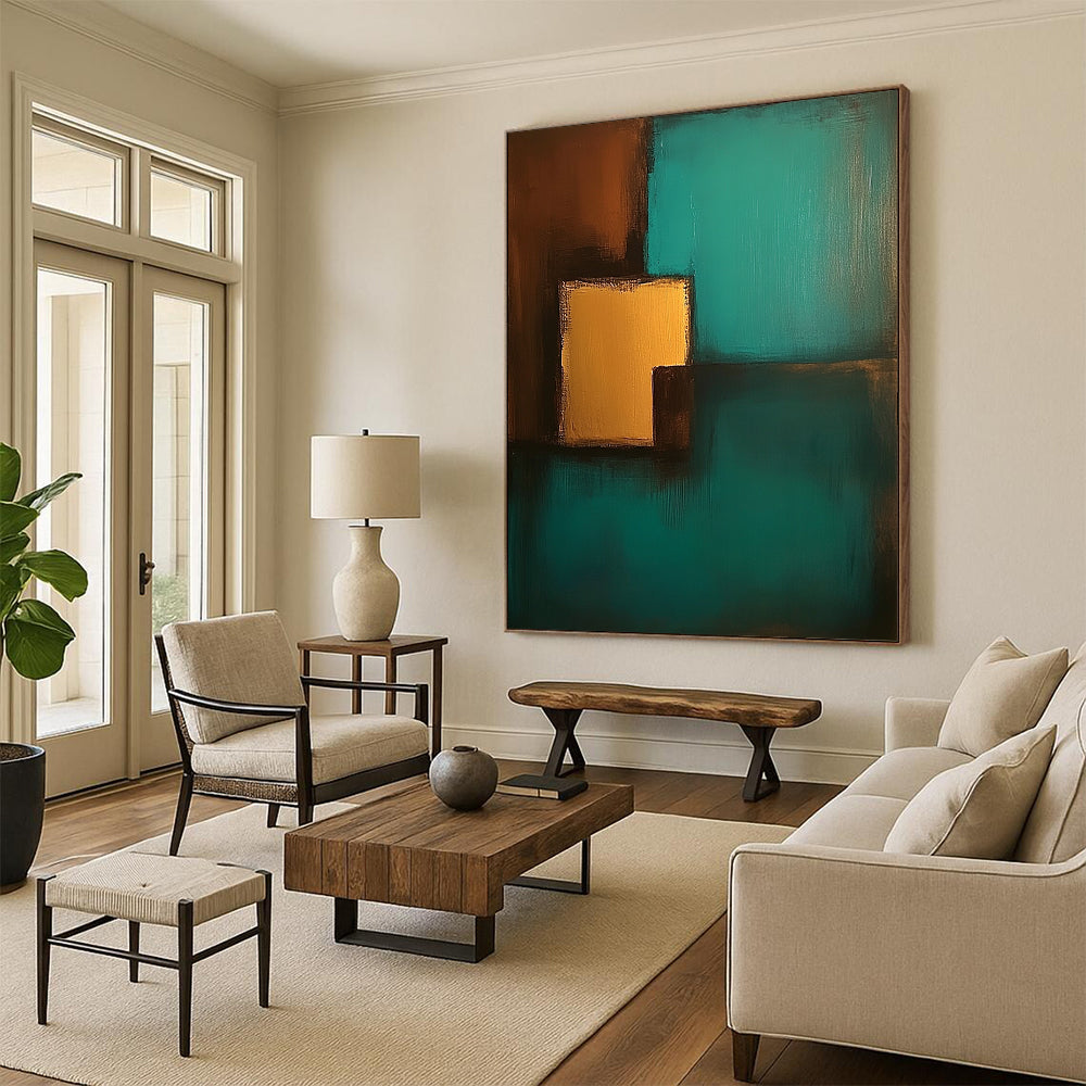 Contemporary hand-painted abstract art featuring teal and brown colors with simple shapes and low contrast for a soothing aesthetic. DLZ1065