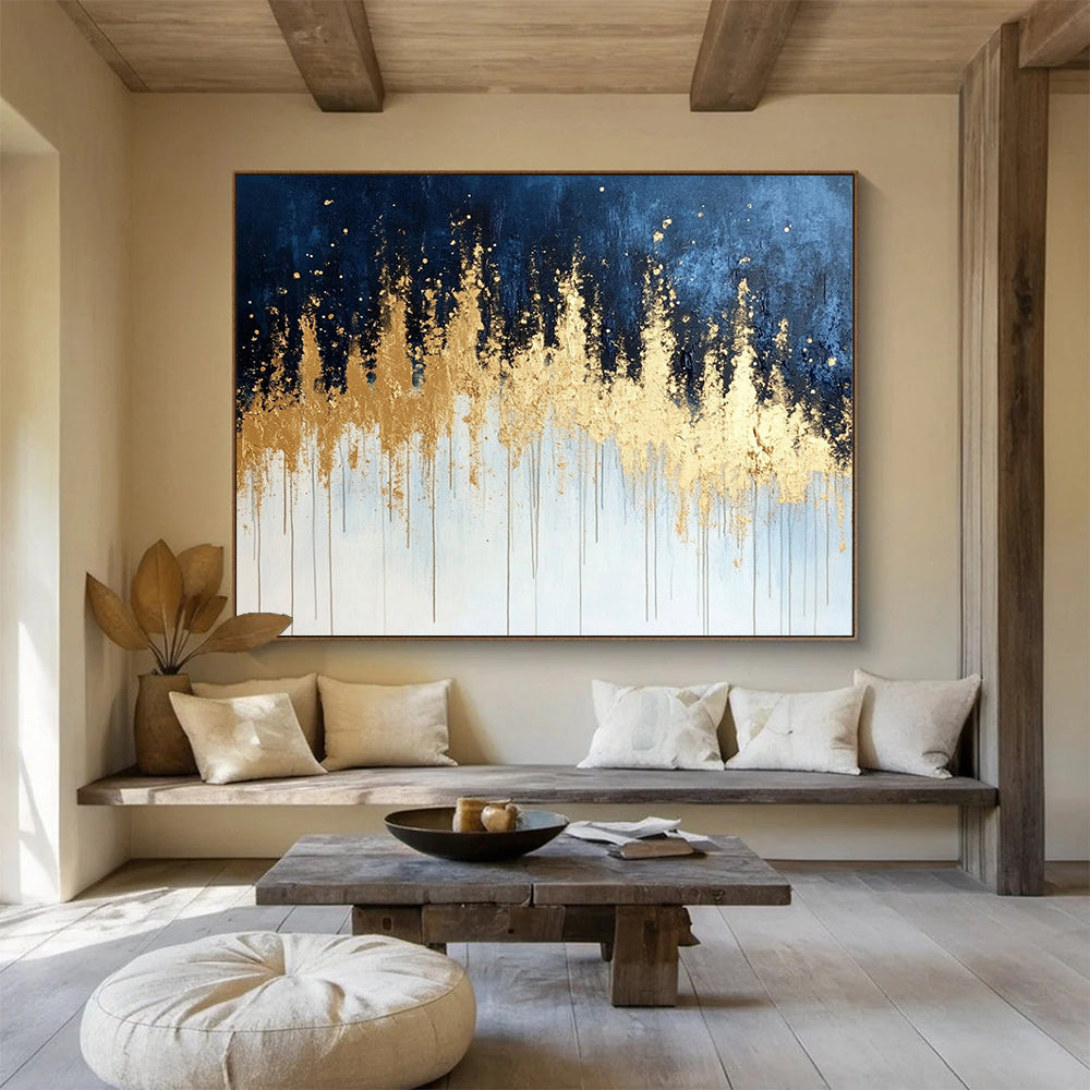 “Gold Drip on Blue - Gray Abstract” - Gold, Blue, Gray, White, Dripping Textures Painting On Canvas HB0825