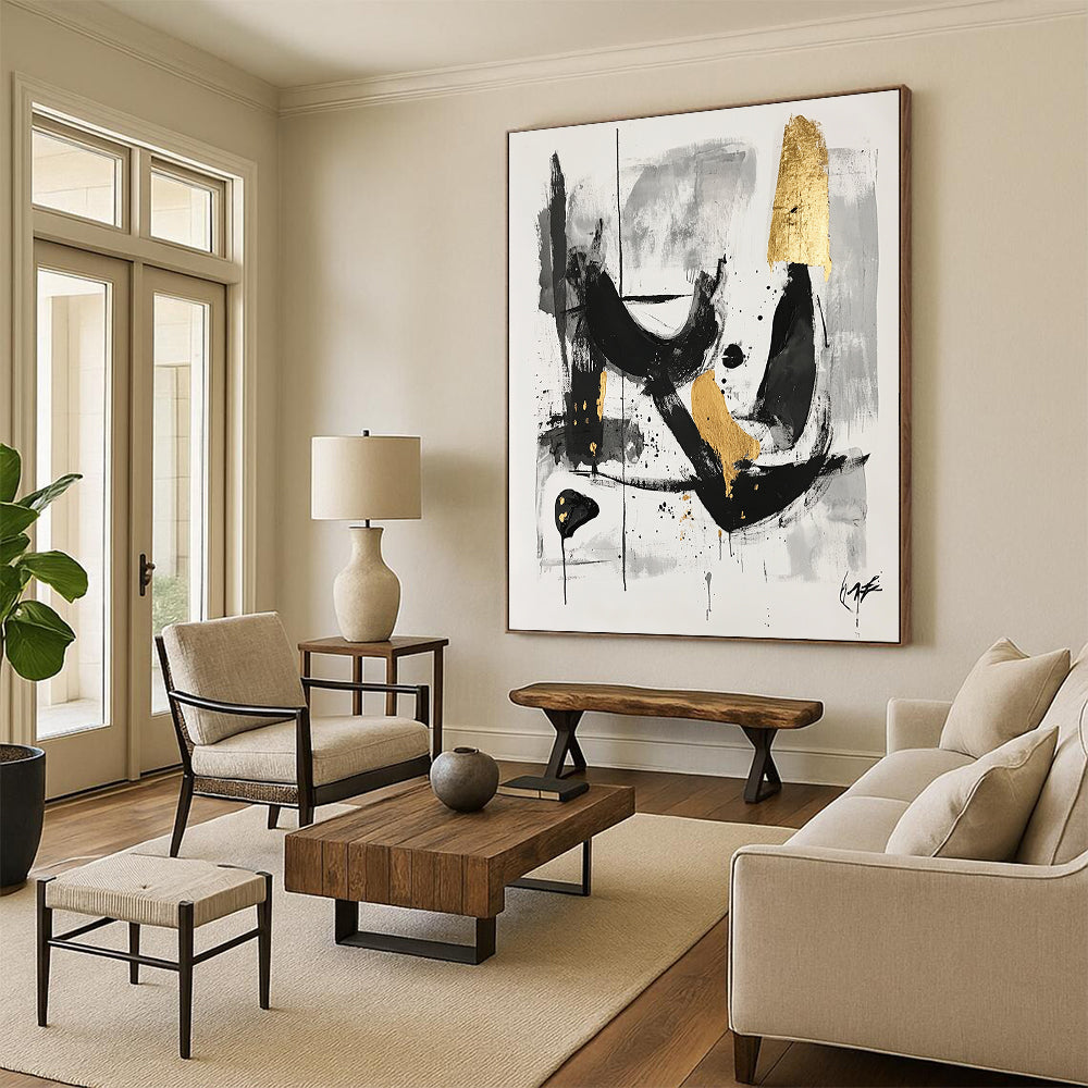Black, Gray and Gold Abstract Swirls "Mysterious Whirl" Painting On Canvas HB326