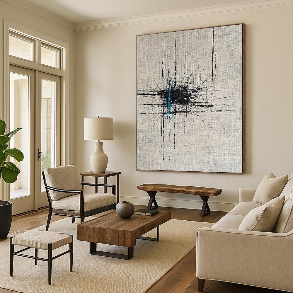 Contemporary hand-painted abstract artwork featuring dynamic lines and dots on white canvas enhanced by bold black ink and vibrant blue highlights. DLZ0883