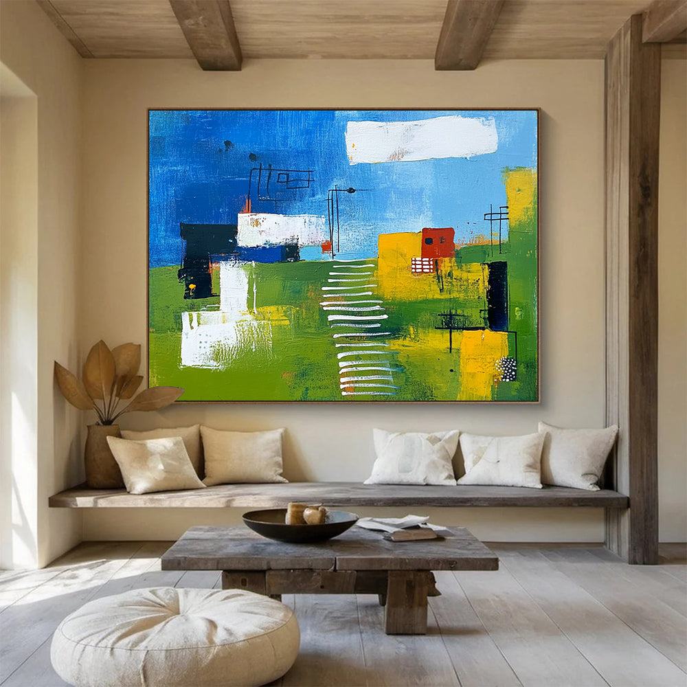 “Colorful Landscape Abstract” - Blue, Green, Yellow, White, Abstract Landscape - Painting On Canvas HB1415