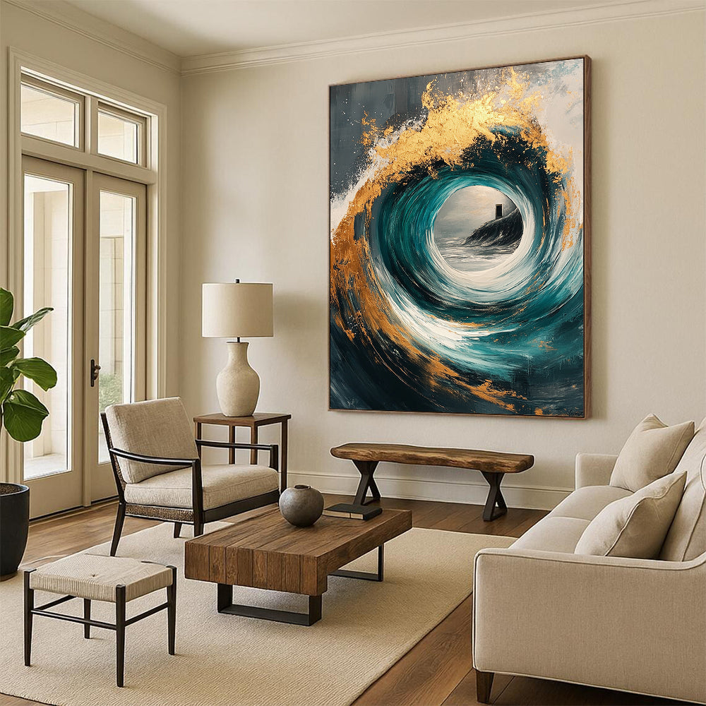 Contemporary abstract painting with gold and teal swirls, magical windows, on a textured gray canvas, perfect for modern decor. DLZ0370