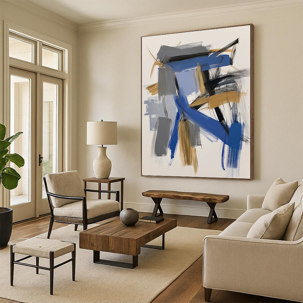 Contemporary abstract painting featuring bold blue and gold brushstrokes on white paper capturing dynamic architectural forms with expressive simplicity. DLZ0869