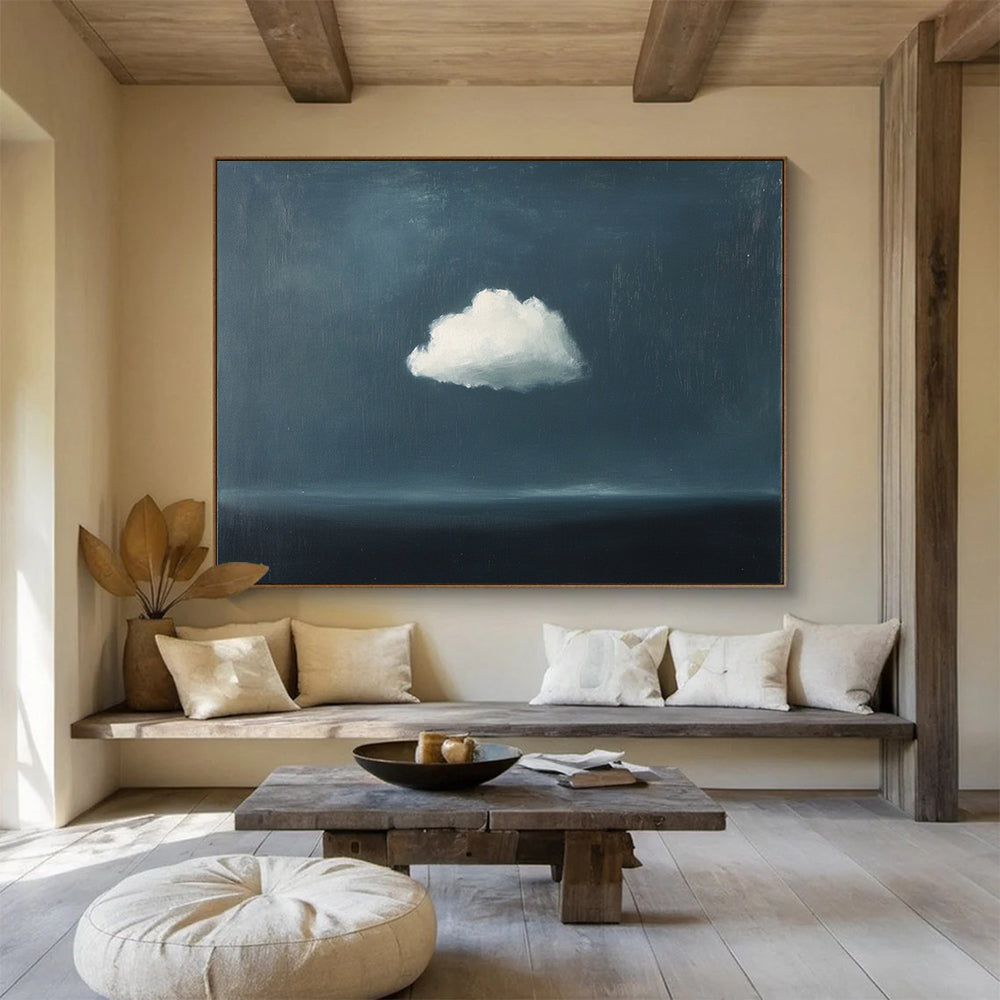 “Lone Cloud Over Sea” - Dark Blue, White, Minimalist Landscape Painting On Canvas HB0710