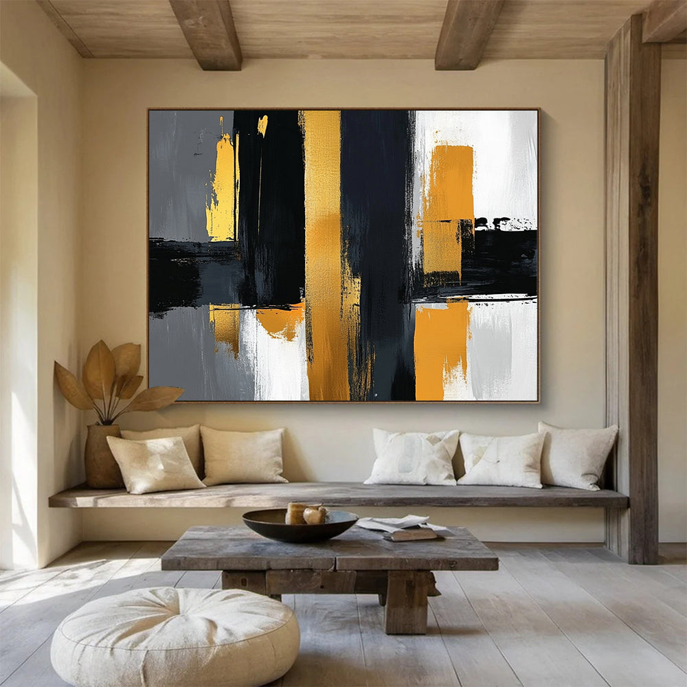 “Geometric Gold - Black Columns” - Gold, Black, Gray, Geometric Columns Painting On Canvas HB0807