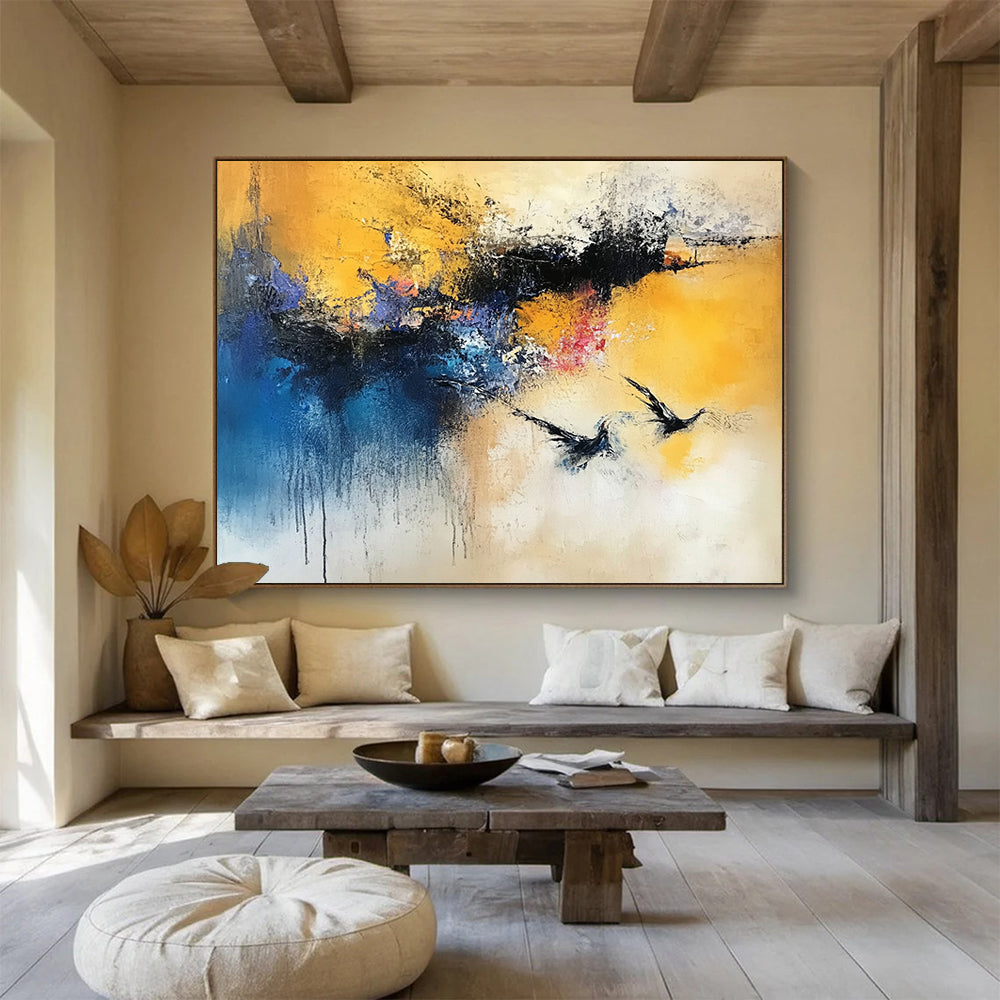 “Yellow Blue Purple Abstract Birds” - Yellow, blue, purple, red, white; Abstract with flying birds HB1293