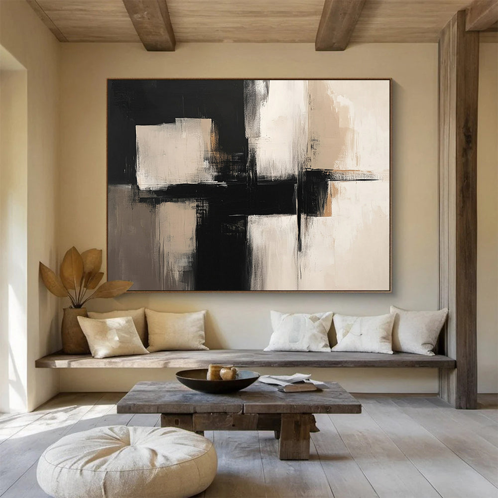 “Monochrome Geometry” - Black, White, Beige, Abstract Forms - Minimalist Acrylic Painting HB1517