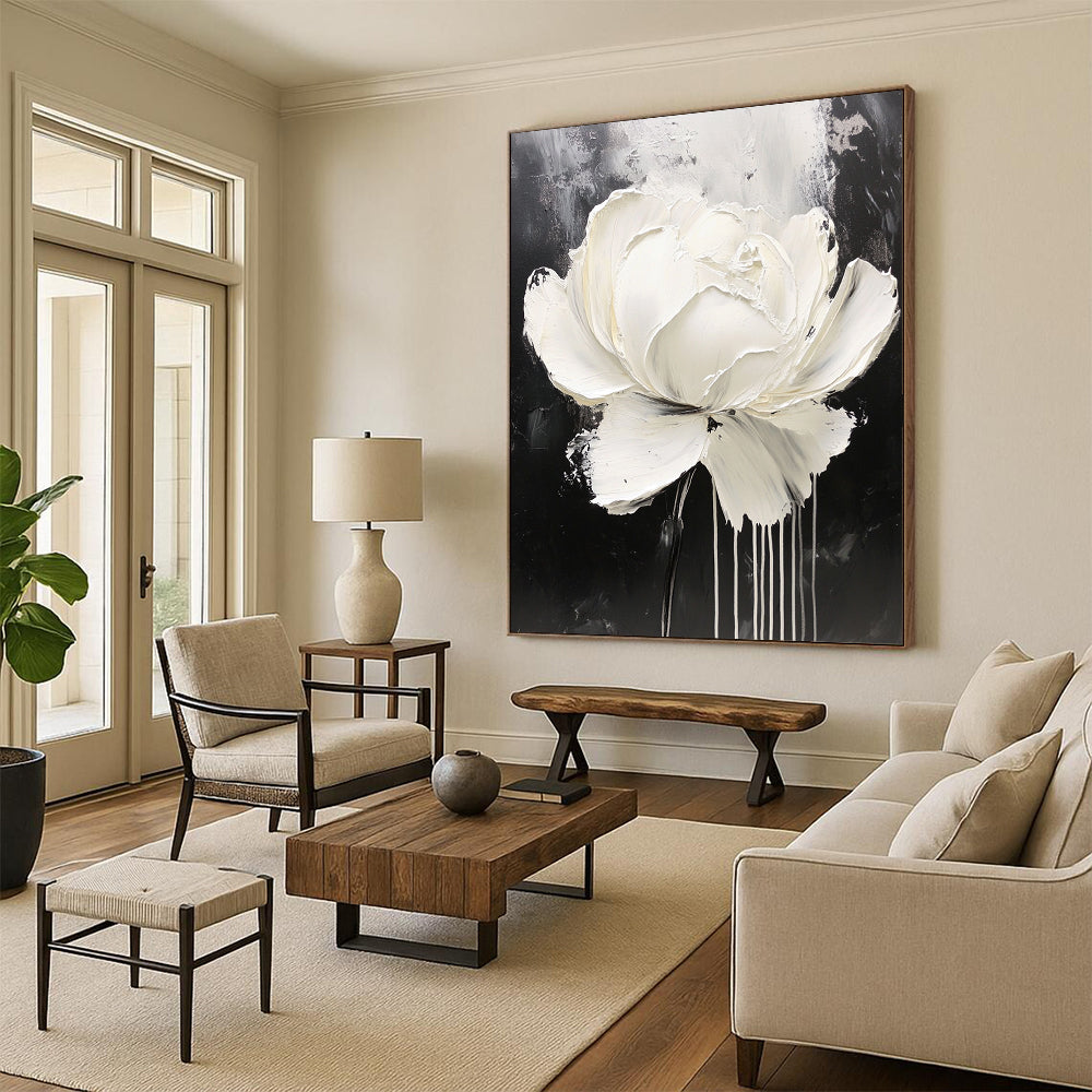 Contemporary abstract oil painting featuring a white rose with dripping paint on a minimalist black and gray background, showcasing intricate details and expressive petals. DLZ0829