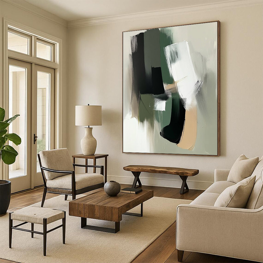 Contemporary abstract painting featuring minimalist shapes in sage green and white with black accents and bold brushstrokes for a modern aesthetic. DLZ0435
