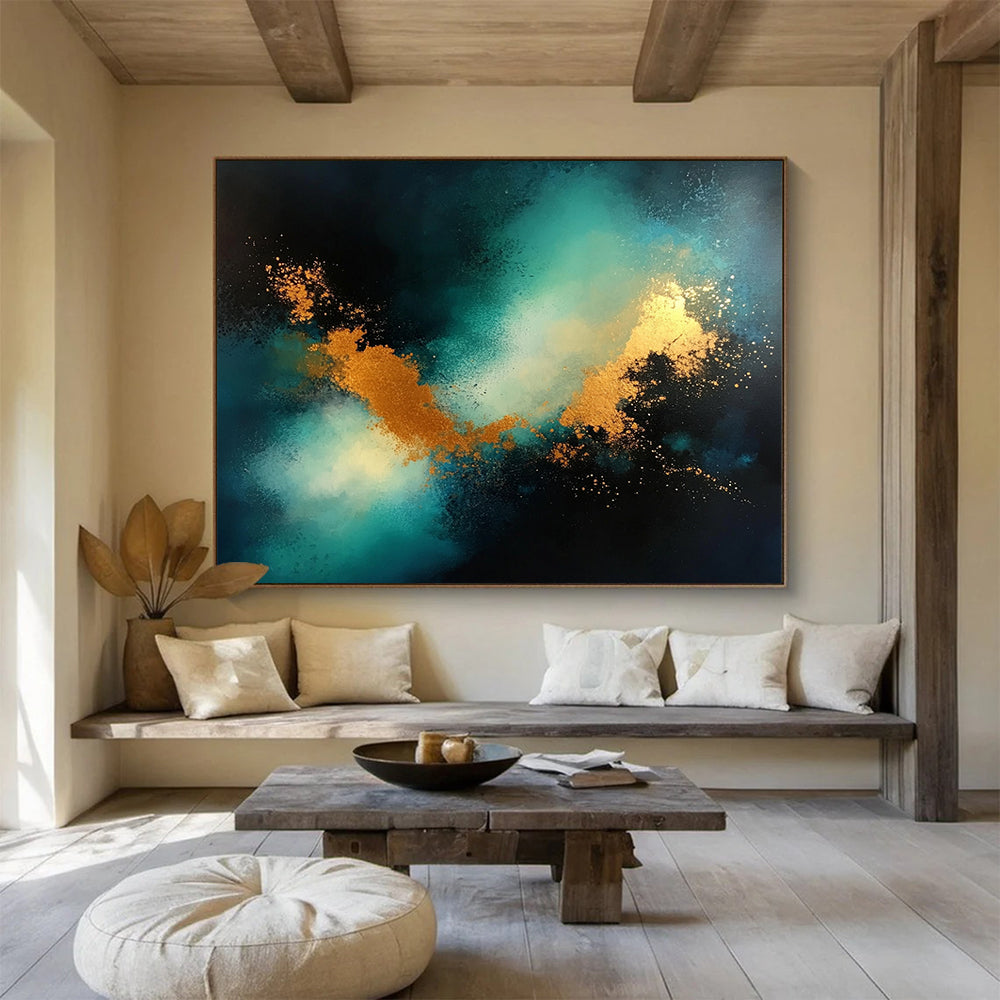 “Cosmic Teal & Gold” - Teal, Gold, Black, Abstract Celestial Clouds Painting On Canvas HB1033