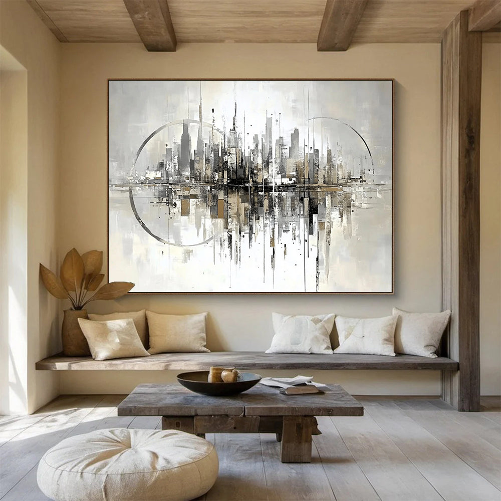 “Abstract Cityscape Reflection” - Gray, Beige, City, Reflection Painting On Canvas HB0765
