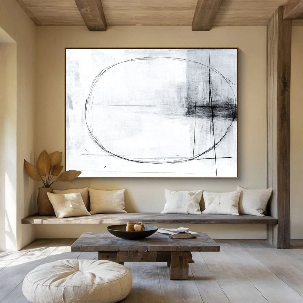 “Minimalist Lines” - Black, White with Simple Geometric Lines - Abstract Charcoal Drawing HB1344