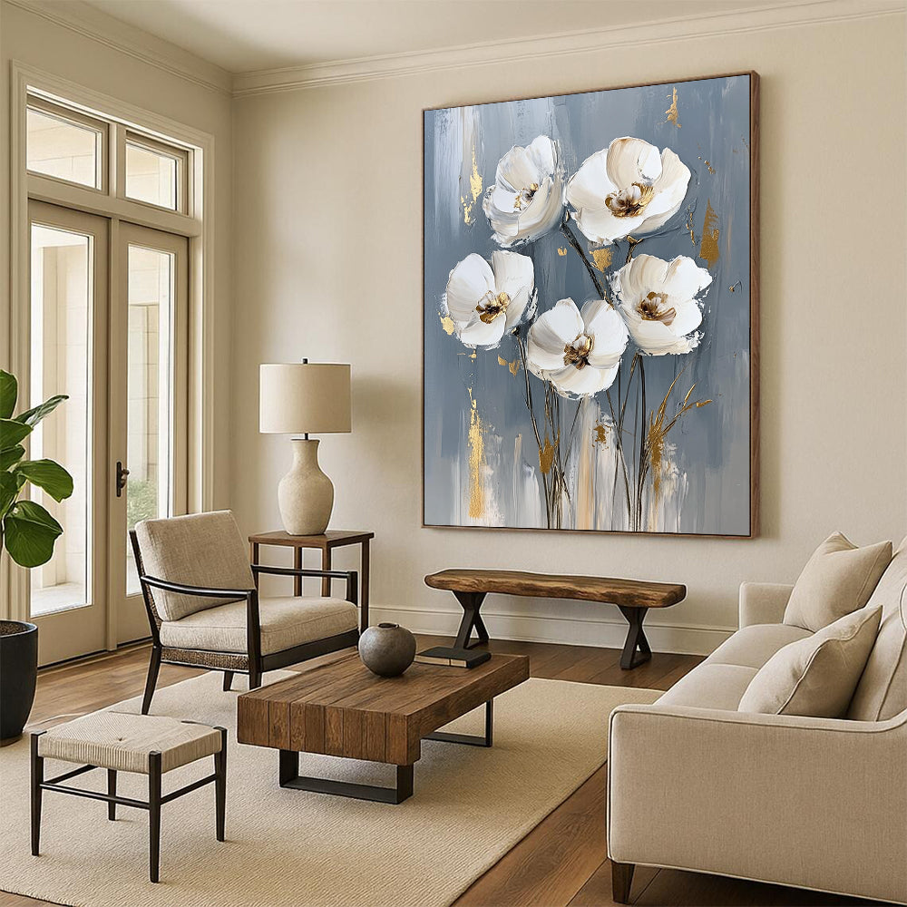 Contemporary abstract painting features white flowers on a gray background with striking gold accents, creating a sophisticated artistic touch for any space. DLZ0823
