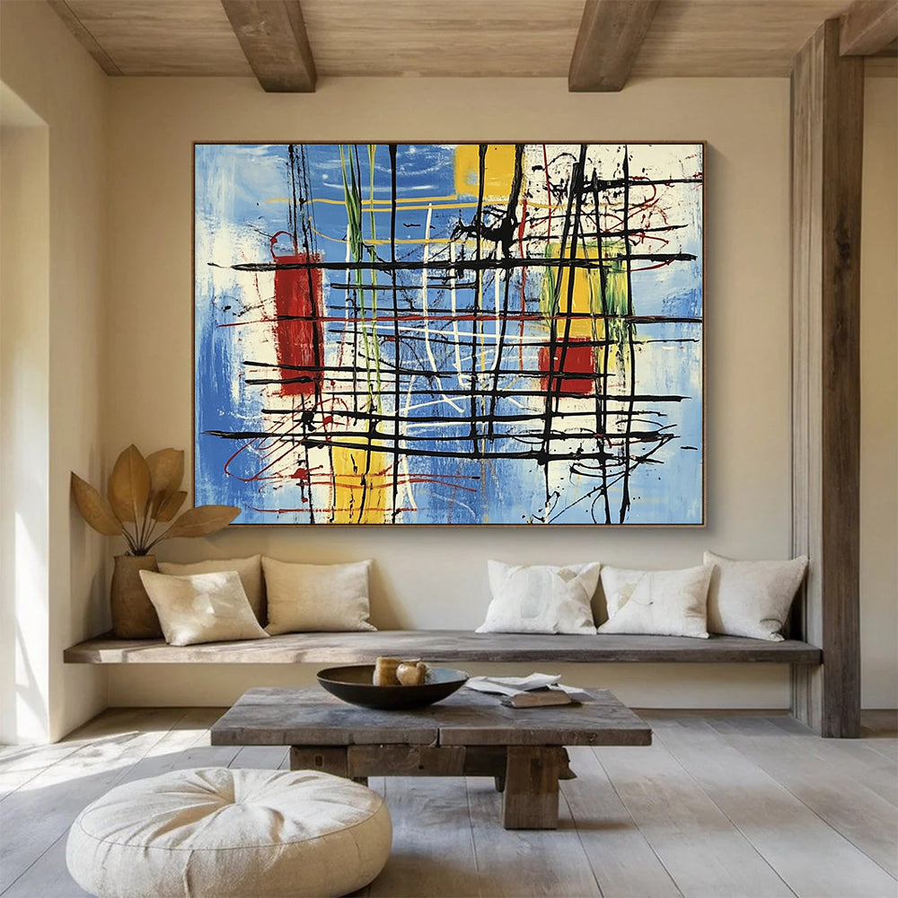 “Colorful Abstract Grid” - Blue, yellow, red, green, Abstract Expressionist Painting HB0641