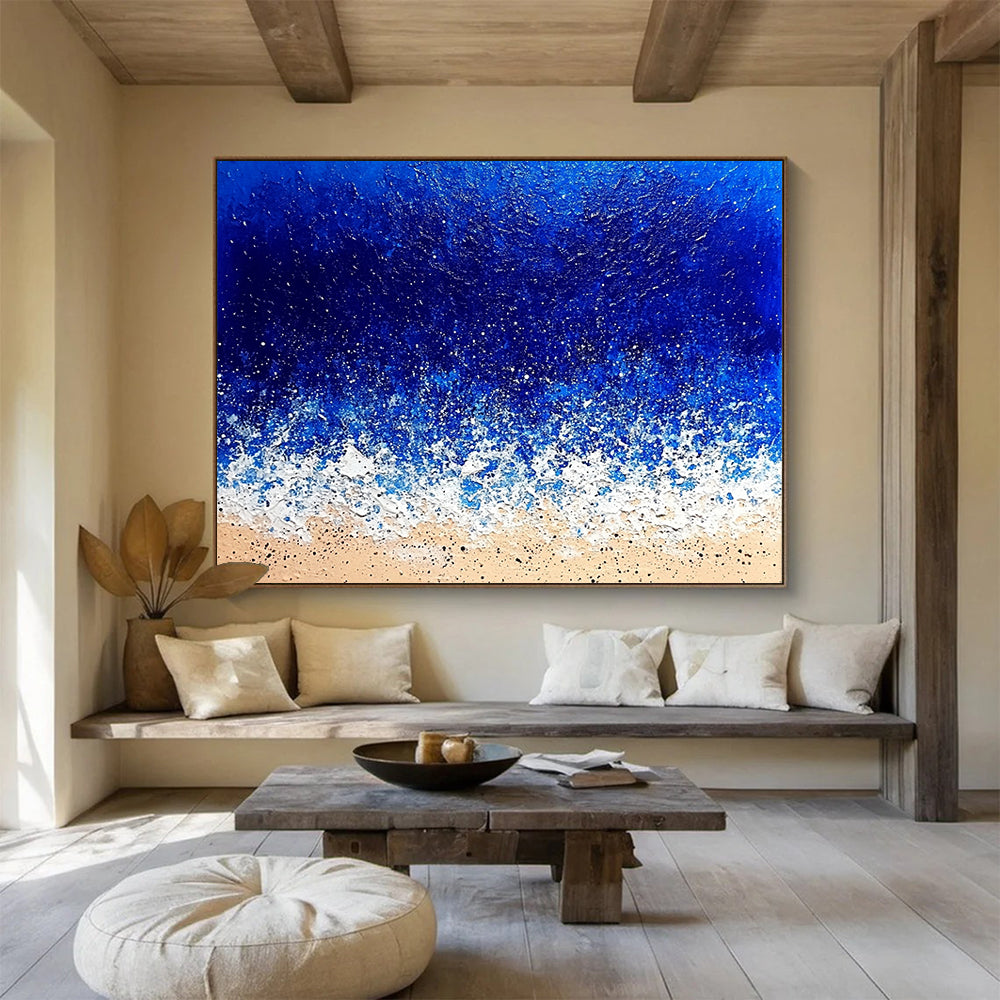 “Textured Ocean Waves” - Deep blues, whites, beiges; Impasto waves crashing on a sandy beach; Palette Knife Acrylic Painting On Canvas HB1184