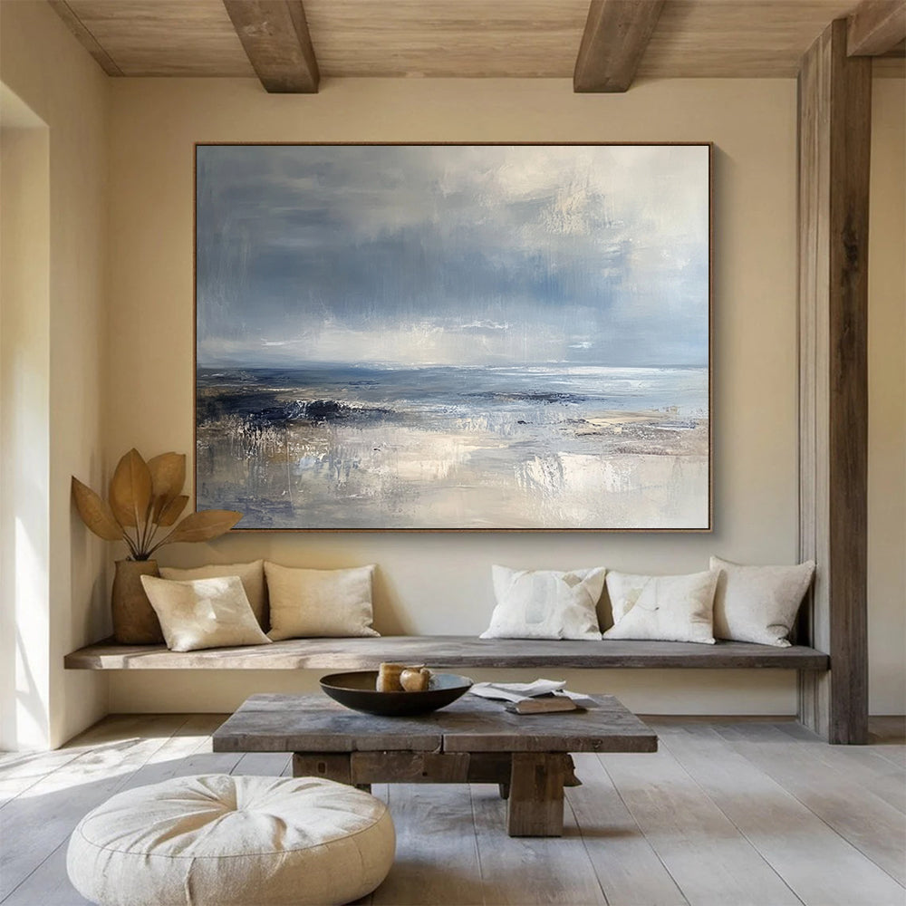 “Textured Coastal View” - Blue, Gray, Beige, Layered Seascapes and Dynamic Skies Painting On Canvas HB0921